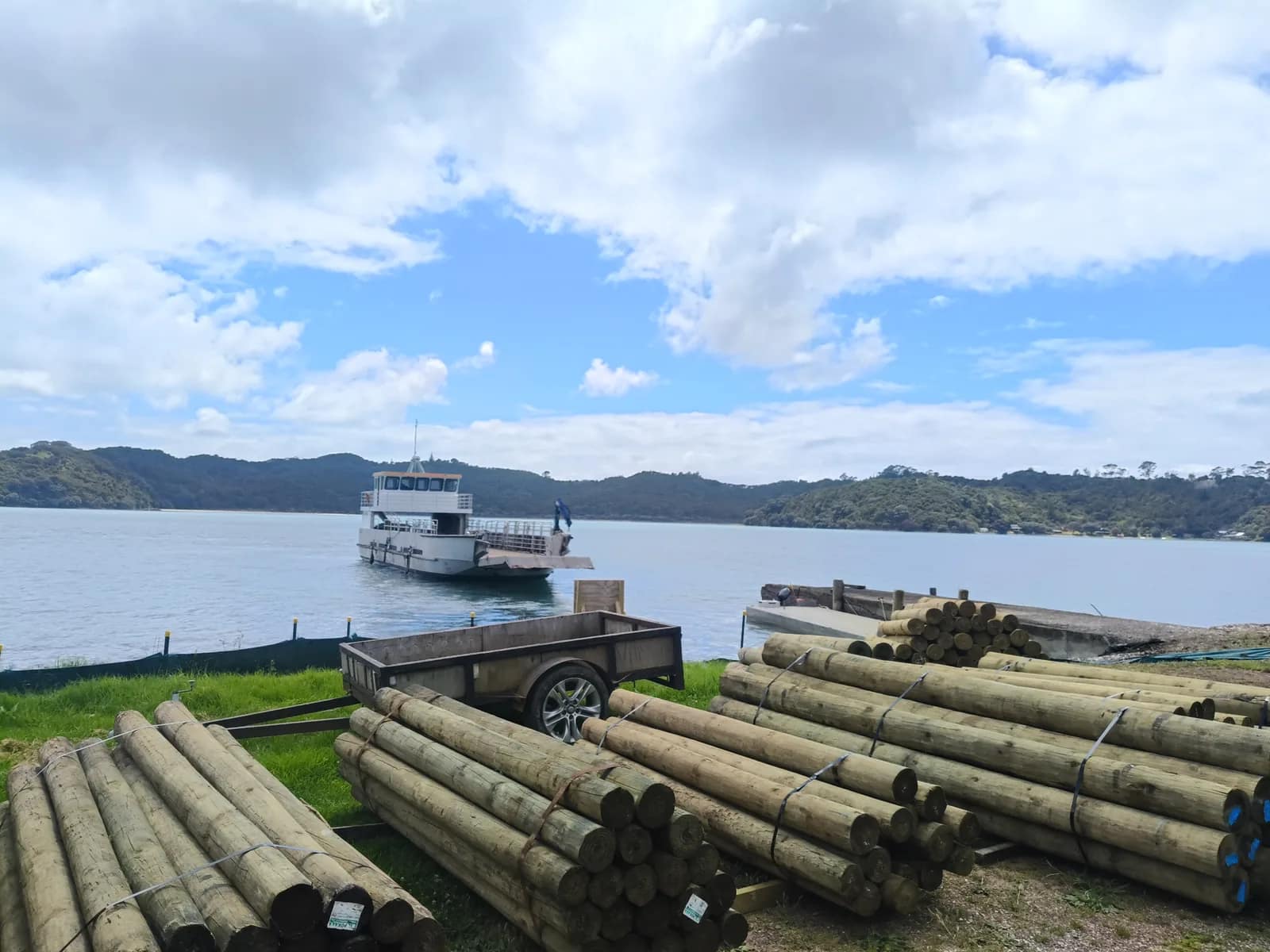 Fencing materials transported by barge for Te Matuku Peninsula
